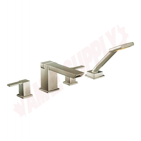 Photo 1 of TS904BN : Moen 90 Degree Two-Handle High Arc Roman Tub Faucet Includes Hand Shower, Brushed Nickel