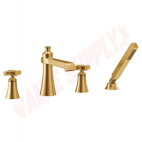 Photo 1 of TS929BG : Moen Flara Two-Handle High Arc Roman Tub Faucet Includes Hand Shower, Brushed Gold