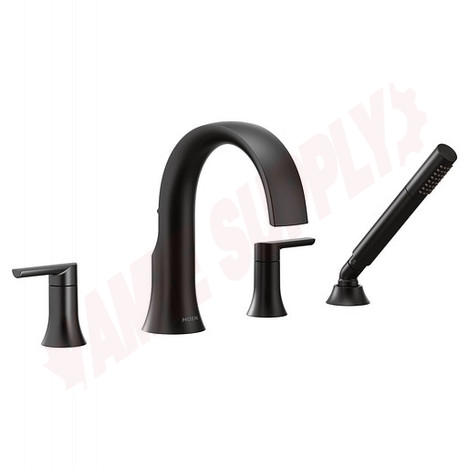 Photo 1 of TS984BL : Moen Doux Two-Handle High Arc Roman Tub Faucet Includes Hand Shower, Matte Black
