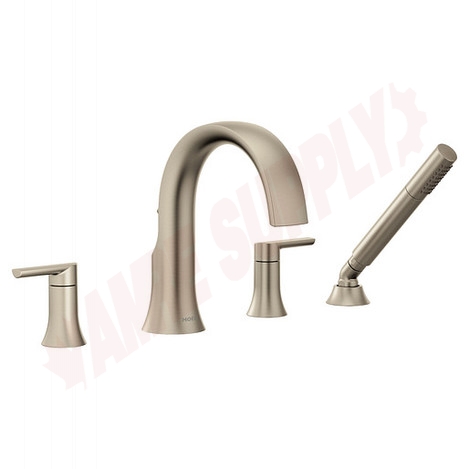 Photo 1 of TS984BN : Moen Doux Two-Handle High Arc Roman Tub Faucet Includes Hand Shower, Brushed Nickel