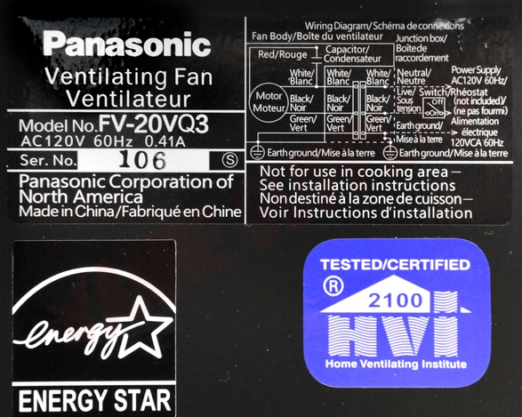 Photo 13 of FV-20VQ3 : Panasonic WhisperCeiling Exhaust Fan, 190 CFM
