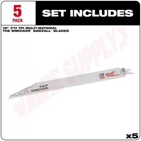 Photo 3 of 48-00-5711 : Milwaukee 5-Pack The WRECKER™ Multi-Material Sawzell Blade,12 7/11TPI