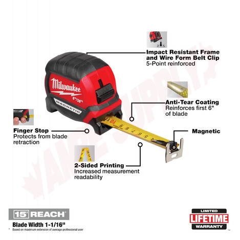 Photo 3 of 48-22-0326 : Milwaukee 8m/26ft Compact Wide Blade Magnetic Tape Measure