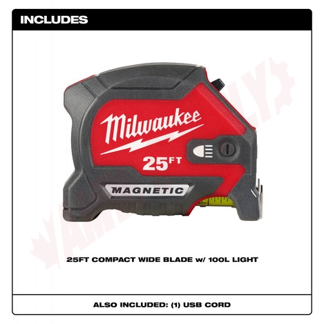Photo 6 of 48-22-0428 : Milwaukee 25ft Compact Wide Blade Magnetic Tape Measure w/ Rechargeable 100L Light