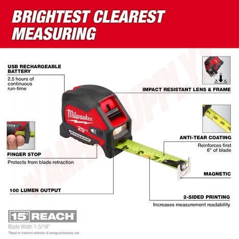 Photo 7 of 48-22-0428 : Milwaukee 25ft Compact Wide Blade Magnetic Tape Measure w/ Rechargeable 100L Light