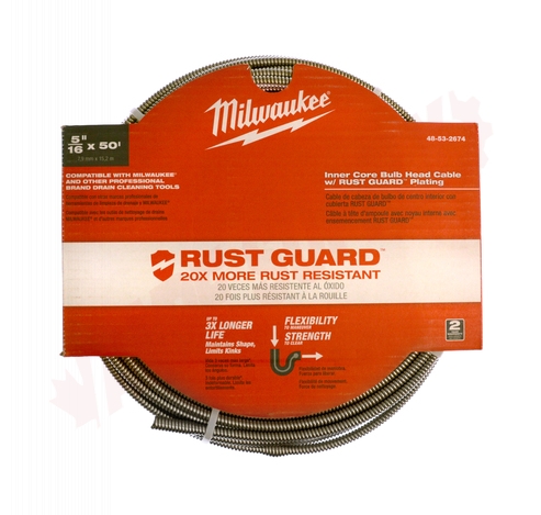 Photo 1 of 48-53-2674 : Milwaukee RUST GUARD Plated Drain Cleaning Cable, Bulb, 5/16 x 50'
