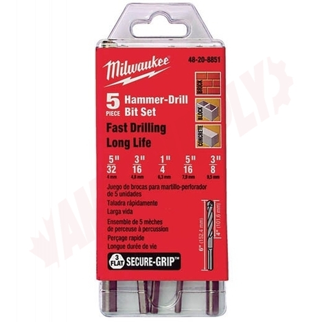 Photo 1 of 48-20-8851 : Milwaukee 5-Piece 3-Flat Secure Grip Hammer-Drill Bit Set